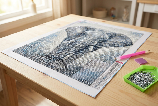 Nearly finished elephant diamond painting on canvas with applicator pen, wax pad and drill tray