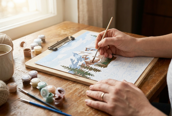 Hands painting a Bob Ross style mountain landscape paint by numbers canvas