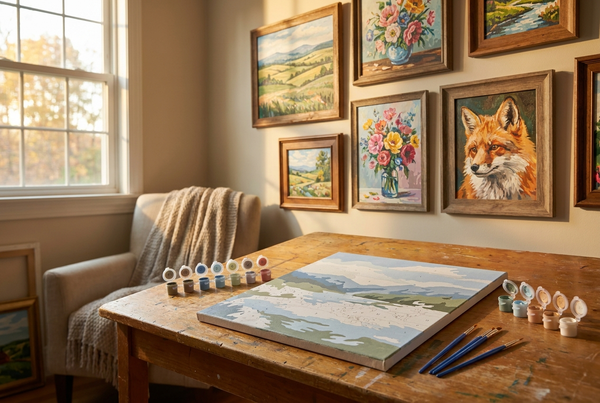 Gallery wall of framed paint by numbers art hung above a craft table