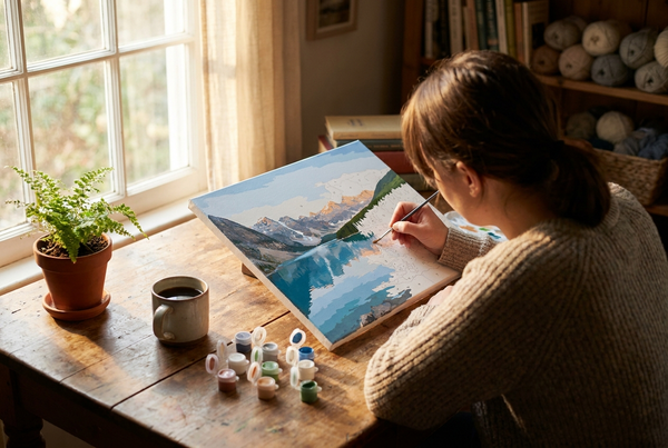 Person painting a calming paint by numbers canvas for mental health at a sunlit wooden table