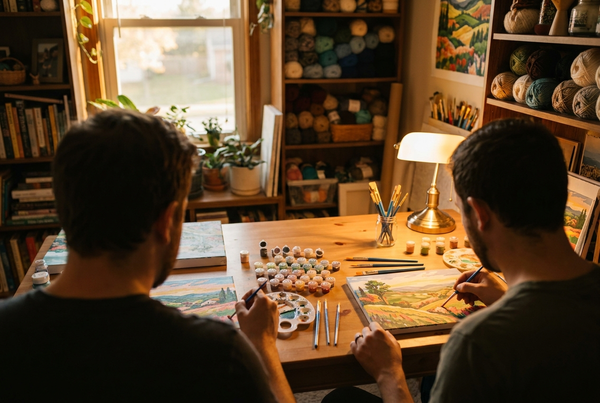 Couple painting paint by numbers canvases side by side at a warm craft table