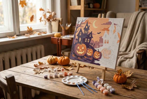 Halloween paint by numbers canvas with glowing jack-o-lanterns and a haunted house