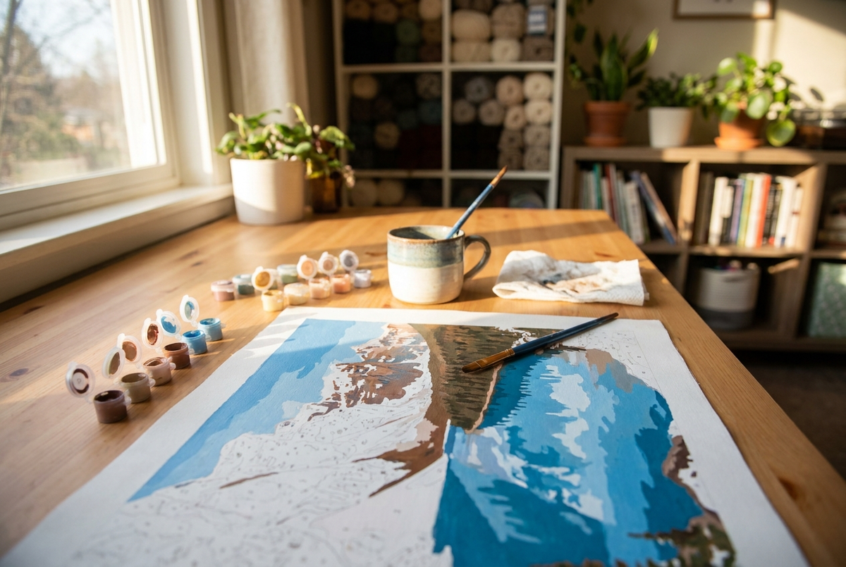 Paint by numbers tips in action: brush blending colours on a partially painted landscape canvas