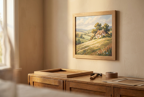 Finished paint by numbers painting displayed in a wooden frame on the wall