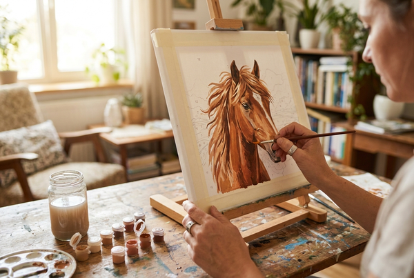 Horse paint by numbers canvas of a chestnut horse portrait being painted by hand