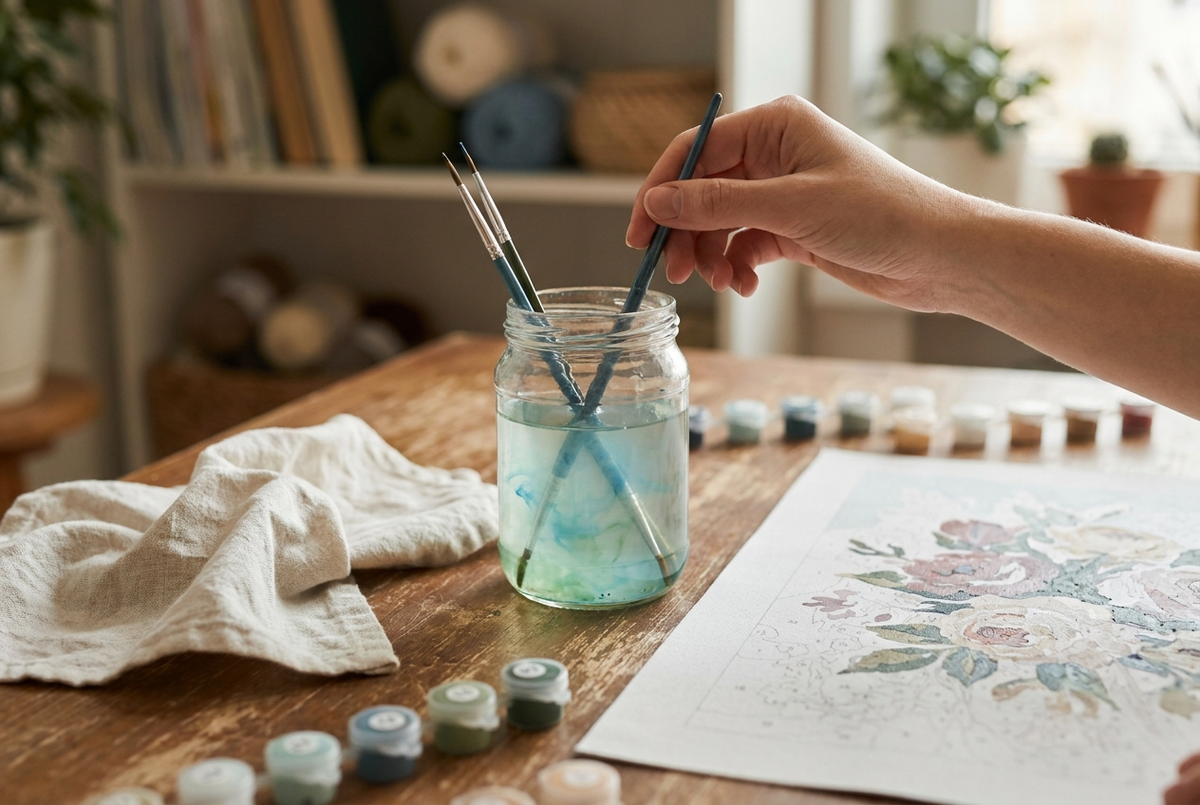 Hands cleaning paint by numbers brushes in a jar of water at a craft table