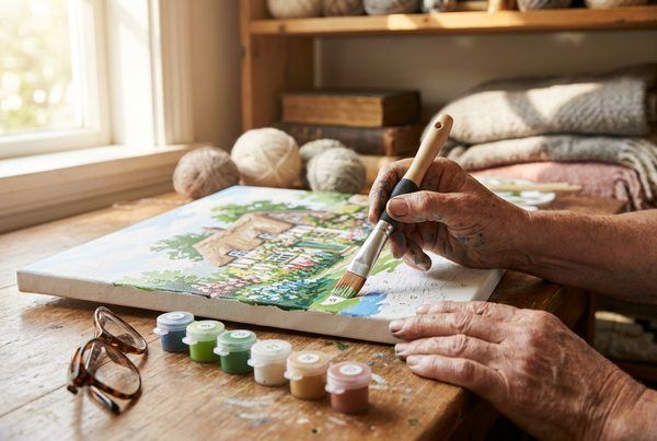Senior hands painting a cottage garden paint by numbers canvas with easy-grip brush