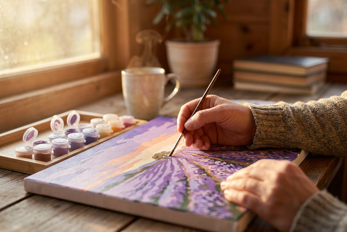 Relaxed hands painting a lavender field paint by numbers canvas — mindfulness through art