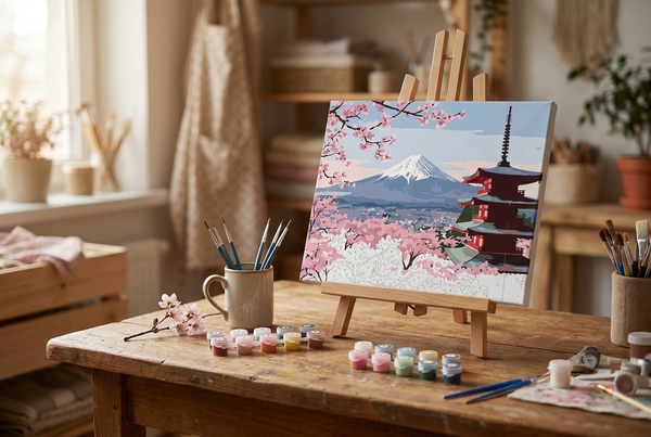 Japanese art paint by numbers canvas of Mount Fuji with cherry blossoms