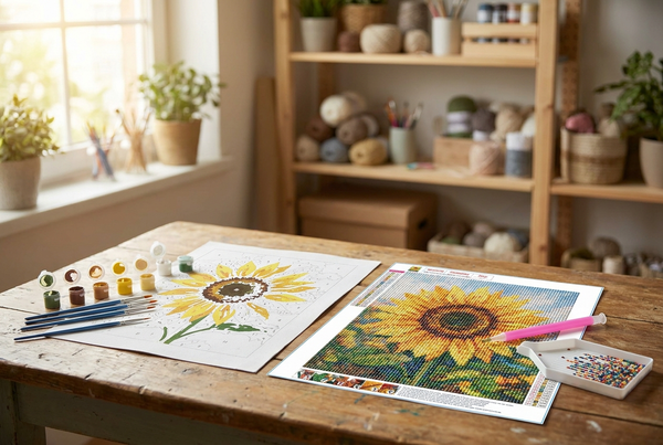 Paint by numbers vs diamond painting: numbered canvas beside sparkling drill mosaic canvas
