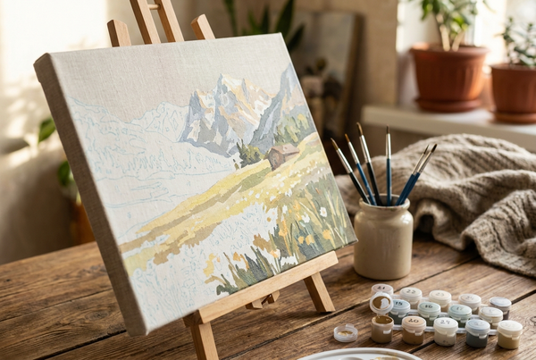 Paint by numbers on canvas — half-painted alpine scene on a tabletop easel with brushes