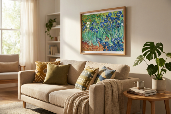 Framed paint by numbers painting styled as home decor above a living room sofa