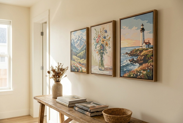 Gallery wall of framed paint by numbers wall art in an elegant hallway