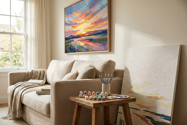 Large paint by numbers for adults artwork hung as a statement piece above a sofa