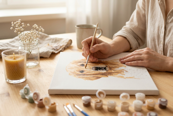 Memorial paint by numbers canvas of a beloved dog being gently painted by hand