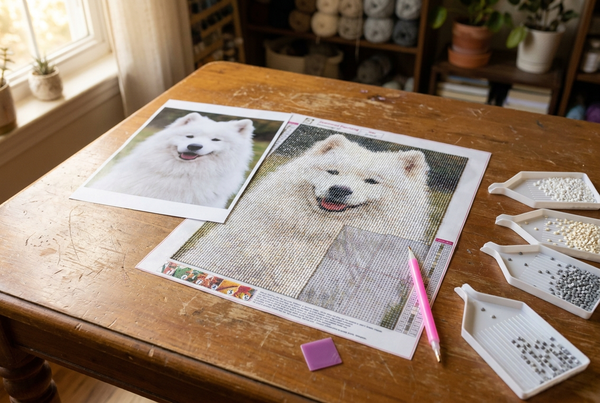 Custom diamond painting from photo showing a dog photo beside a matching drill canvas