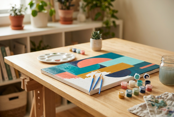 Abstract paint by numbers canvas with bold geometric colours partially painted