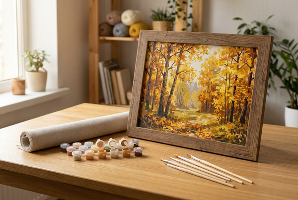 Framed paint by numbers autumn forest painting with kit contents on a craft table