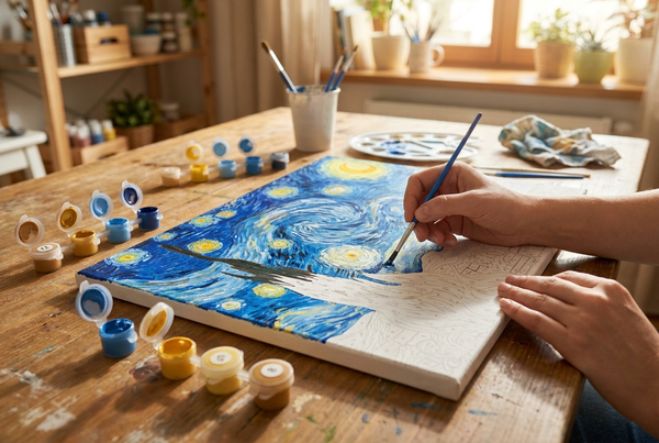 Hands painting a Starry Night paint by numbers canvas with swirling blue sky