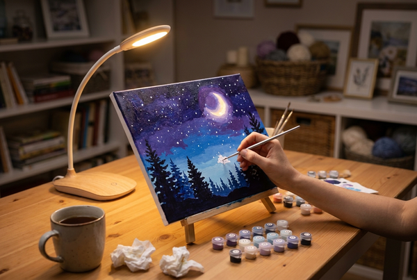 Night sky paint by numbers canvas of a starry sky and moon painted by lamplight