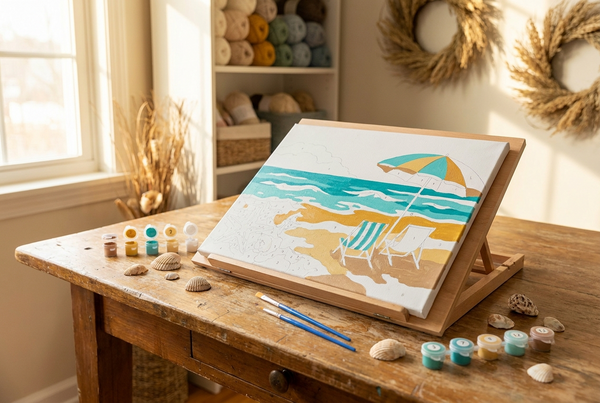 Beach paint by numbers canvas with turquoise water and golden sand coastal scene
