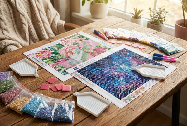 Best diamond painting kits flat-lay with canvases, drills, sorting trays and pens