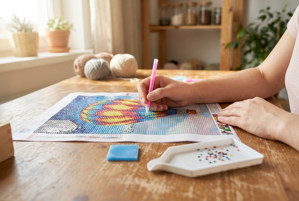 Beginner placing first drills on a diamond painting canvas with pen and sorting tray