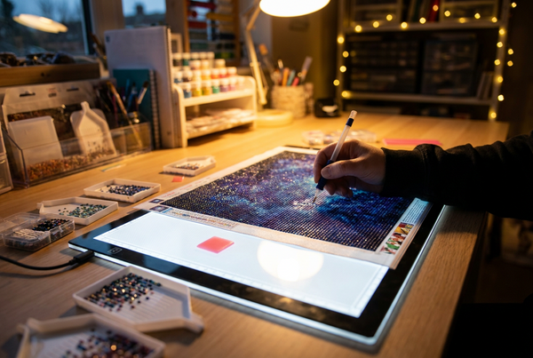 Diamond painting canvas glowing on an LED light pad with applicator pen in hand