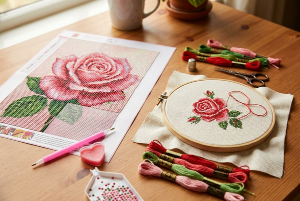 Diamond painting canvas beside a cross stitch hoop comparing the two crafts