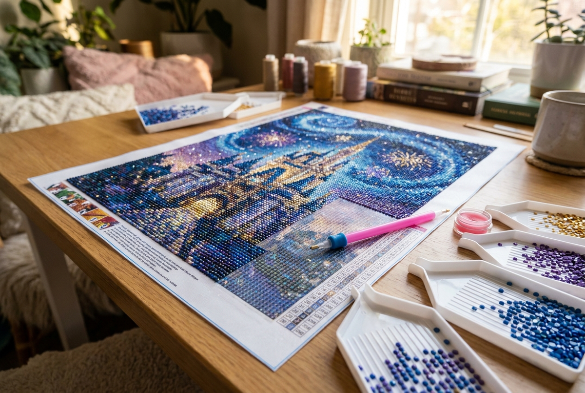 Magical castle diamond painting canvas with sparkling drills, pen and sorting trays