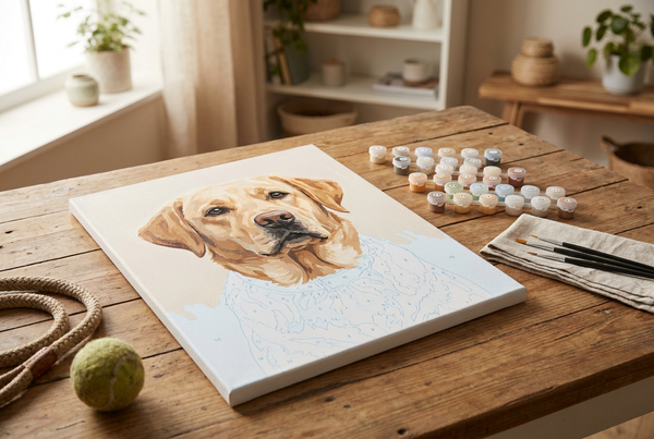 Dog paint by numbers canvas of a golden labrador with numbered paint pots and brushes