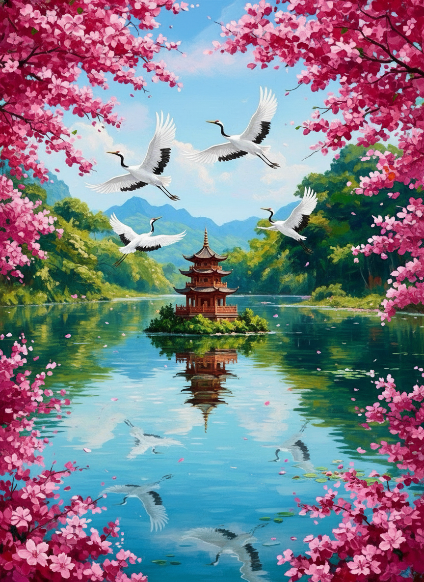 Cranes above the Pagoda Lake (Diamond Painting) Diamond Painting kit