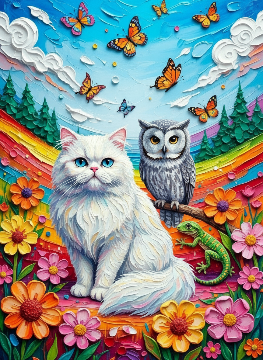 Blue Eyed Cat & Owl (100 Color Diamond Painting)