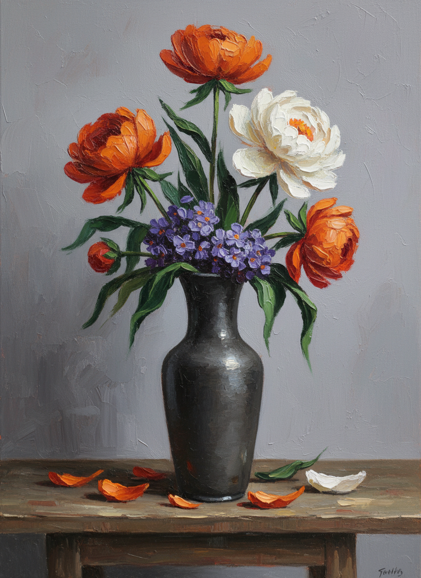 Peonies in a Black Vase (Board Canvas)