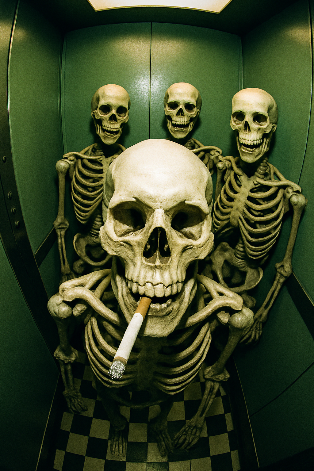 Skeletons in Green Elevator (Board Canvas)