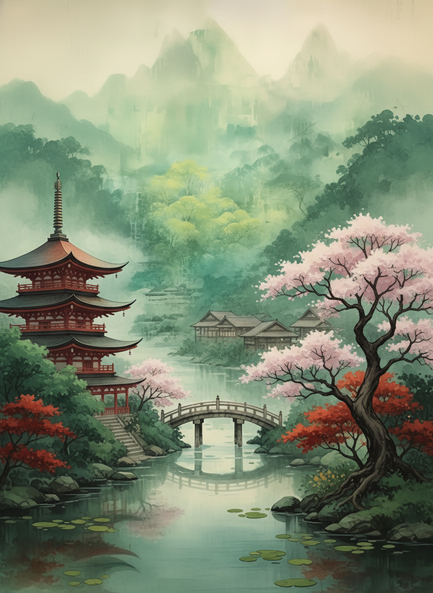 Pagoda by the Misty Lake (Board Canvas)