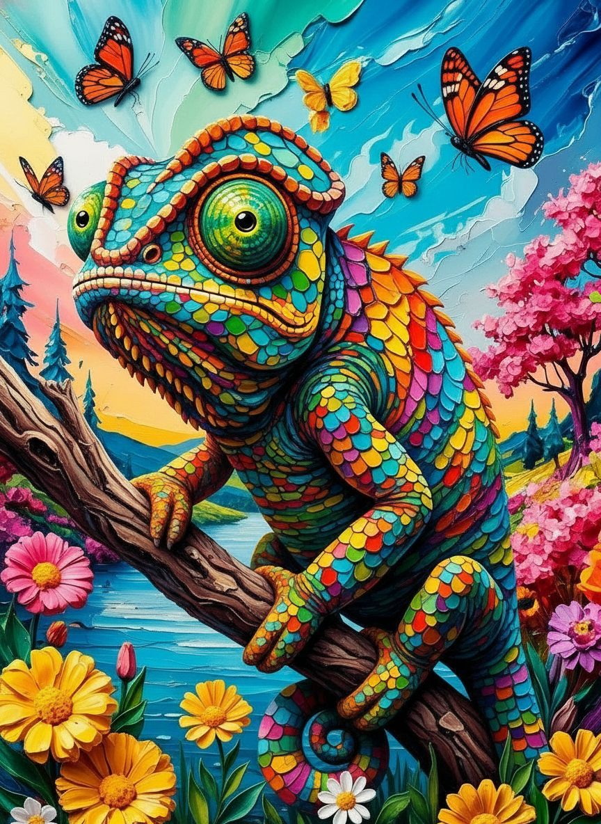 Chameleon and the Butterflies (150 Color Diamond Painting) Diamond Painting kit