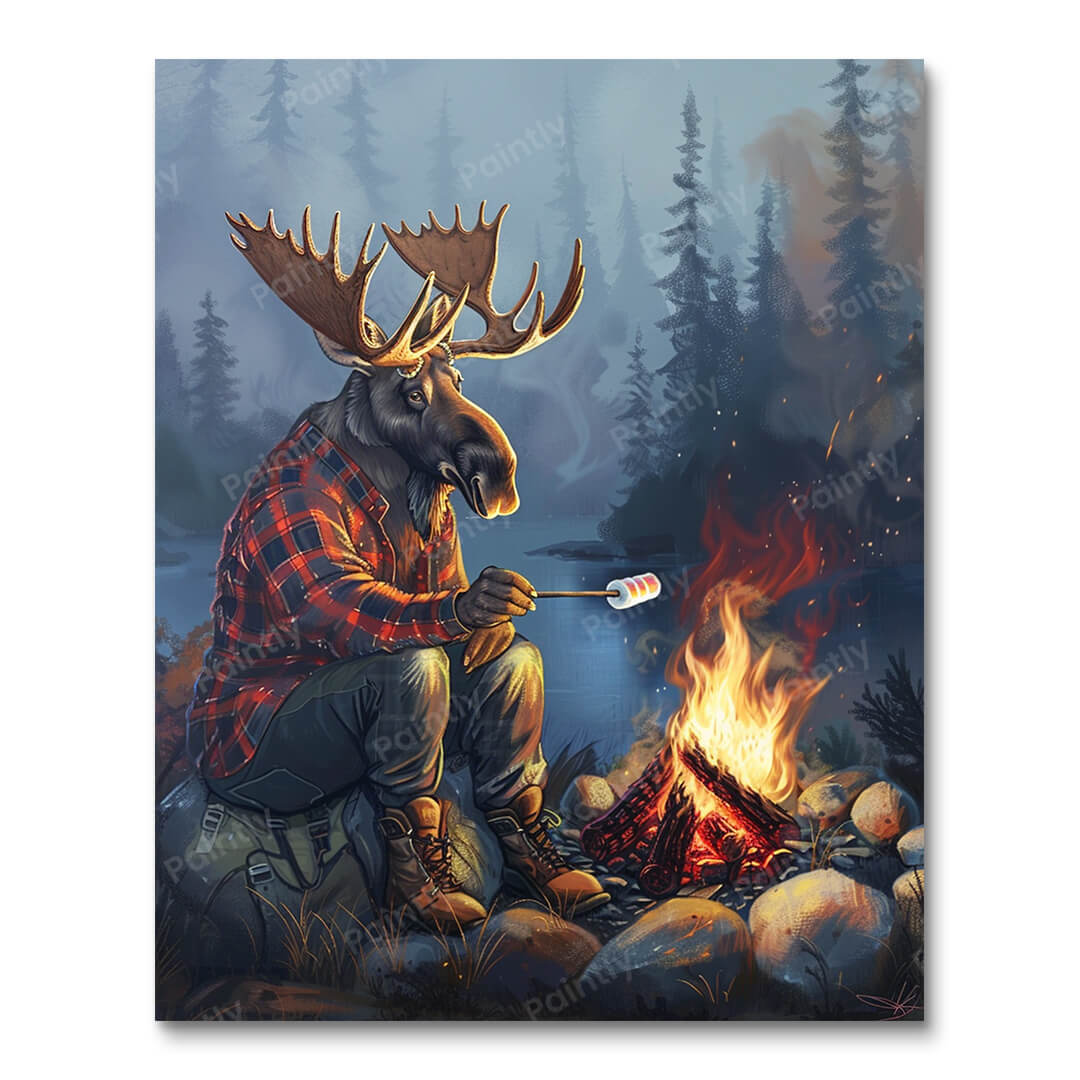 Moose Roasting Marshmallows at Campfire (Diamond Painting)
