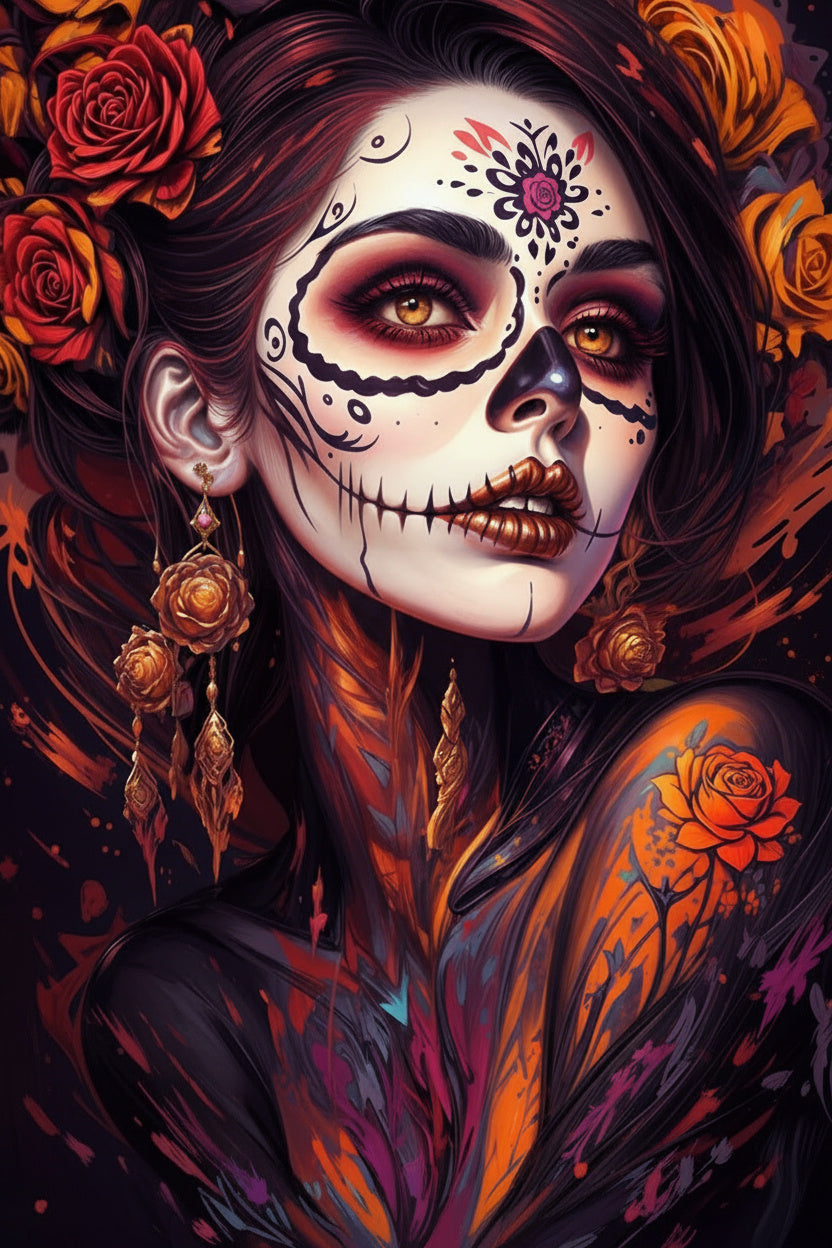 Sugar Skull Woman, Red Roses (Board Canvas)