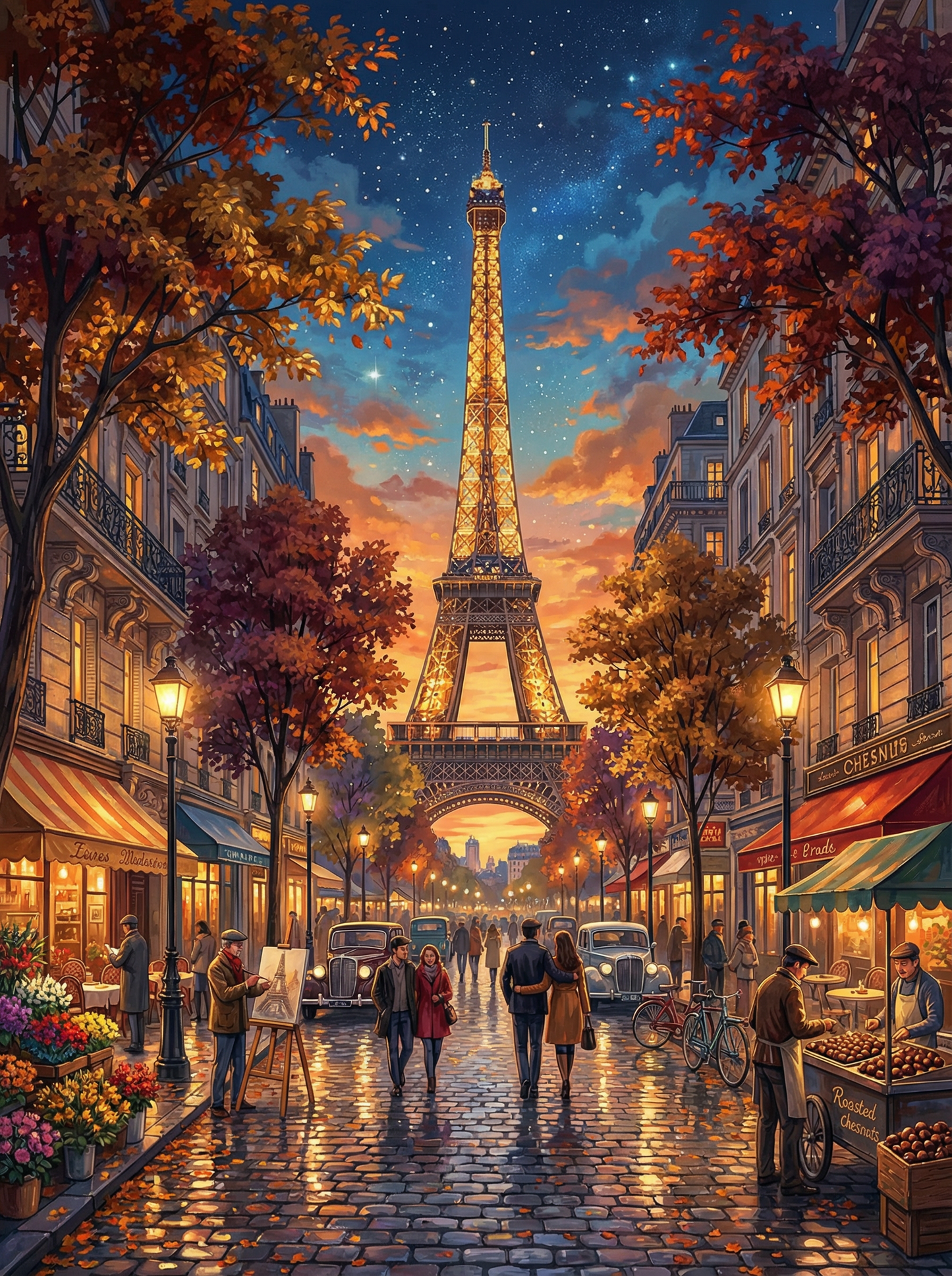 Paris Autumn Stroll (Board Canvas)