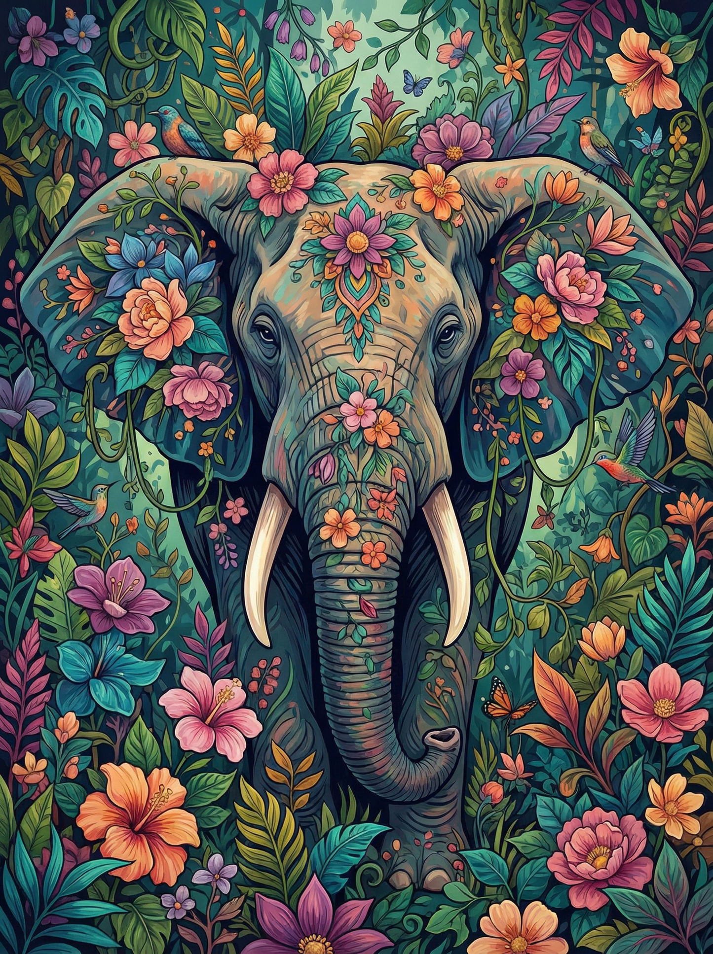 Floral Jungle Elephant (100 Color Diamond Painting)