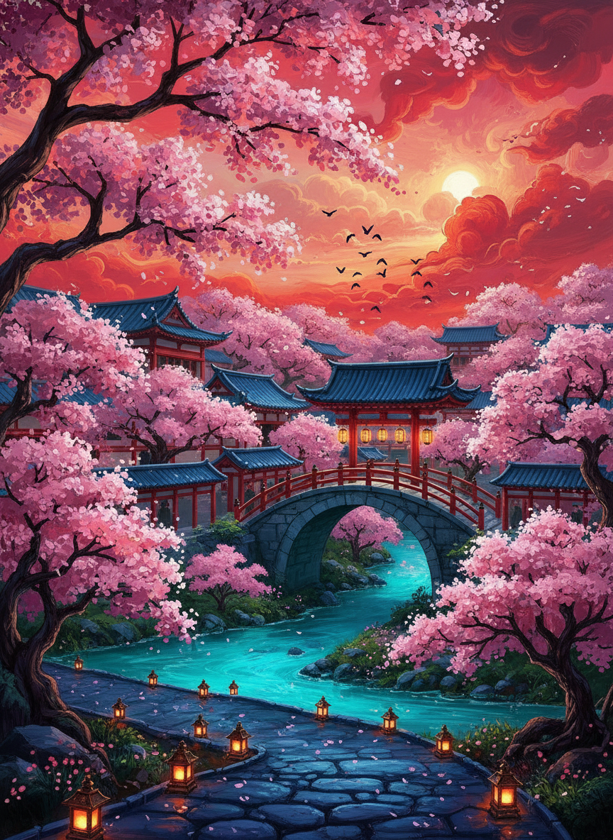 Twilight Bridge of Blossoms (Board Canvas)