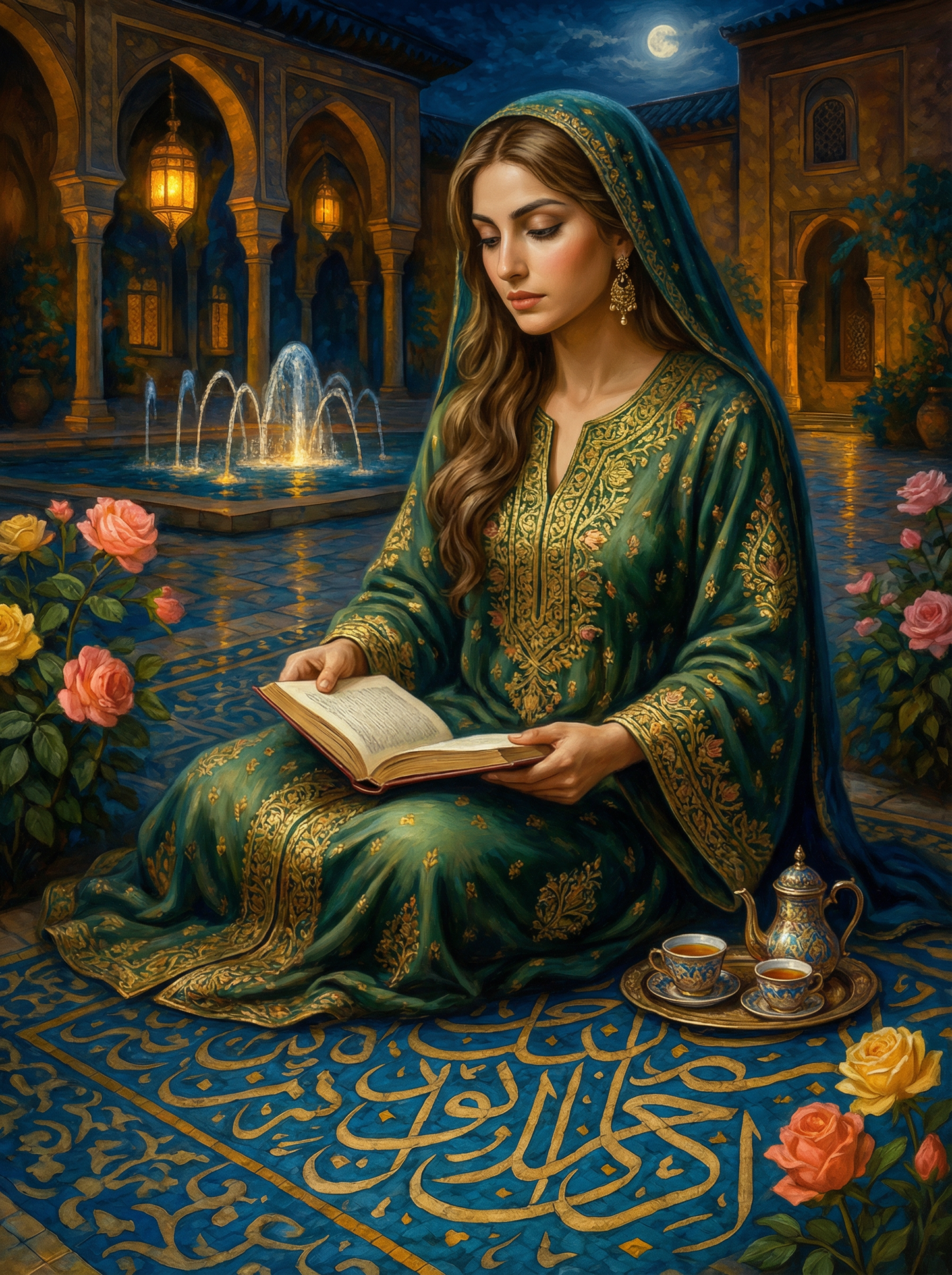 Moonlit Courtyard Reader (Board Canvas)