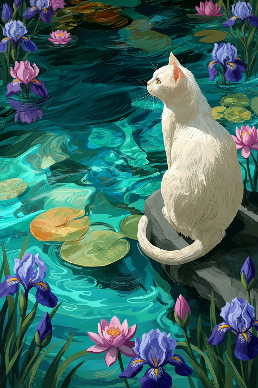 White Cat, Lily Pad Pond (Board Canvas)