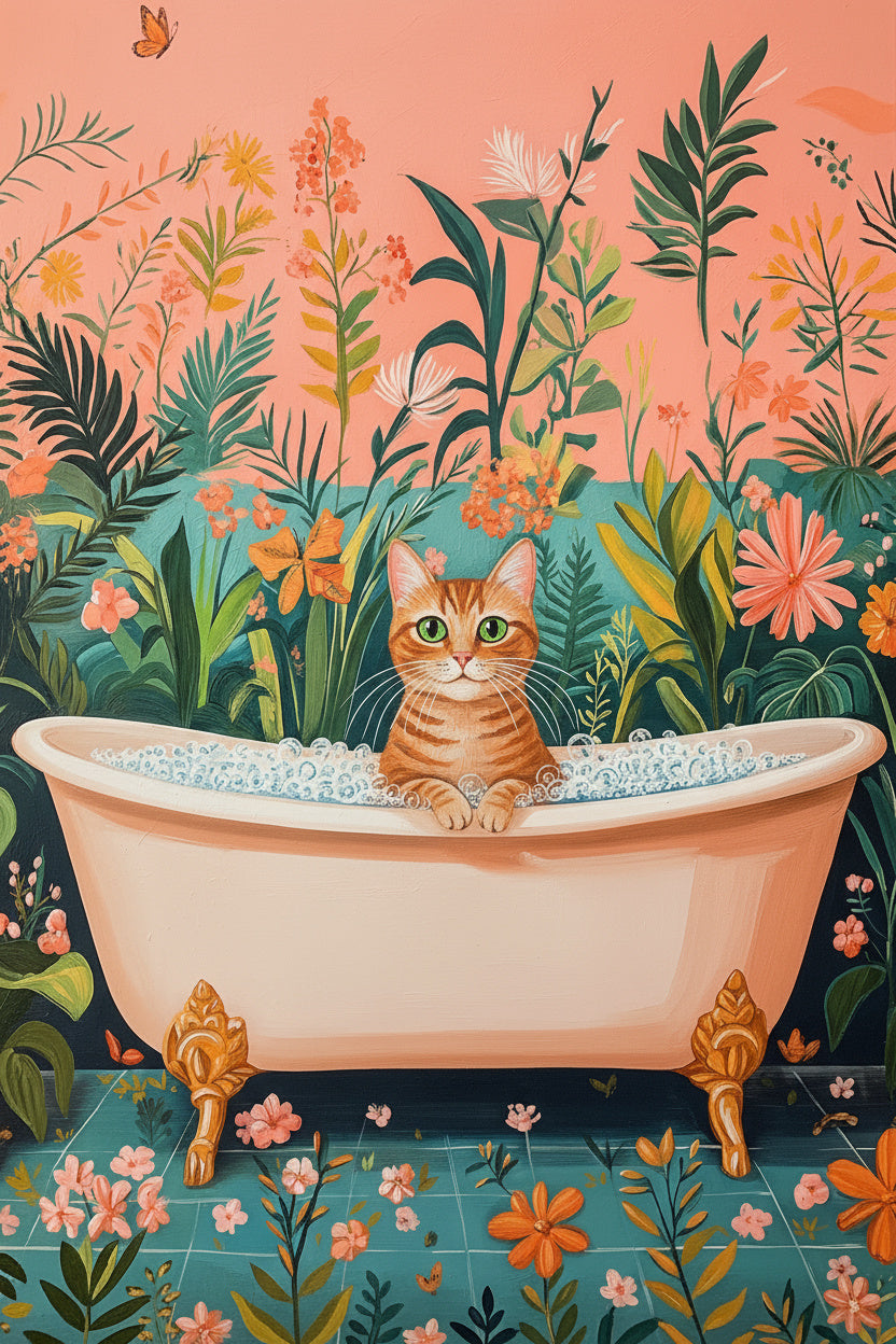 Cat in Tub, Pink Floral Wall (Board Canvas)