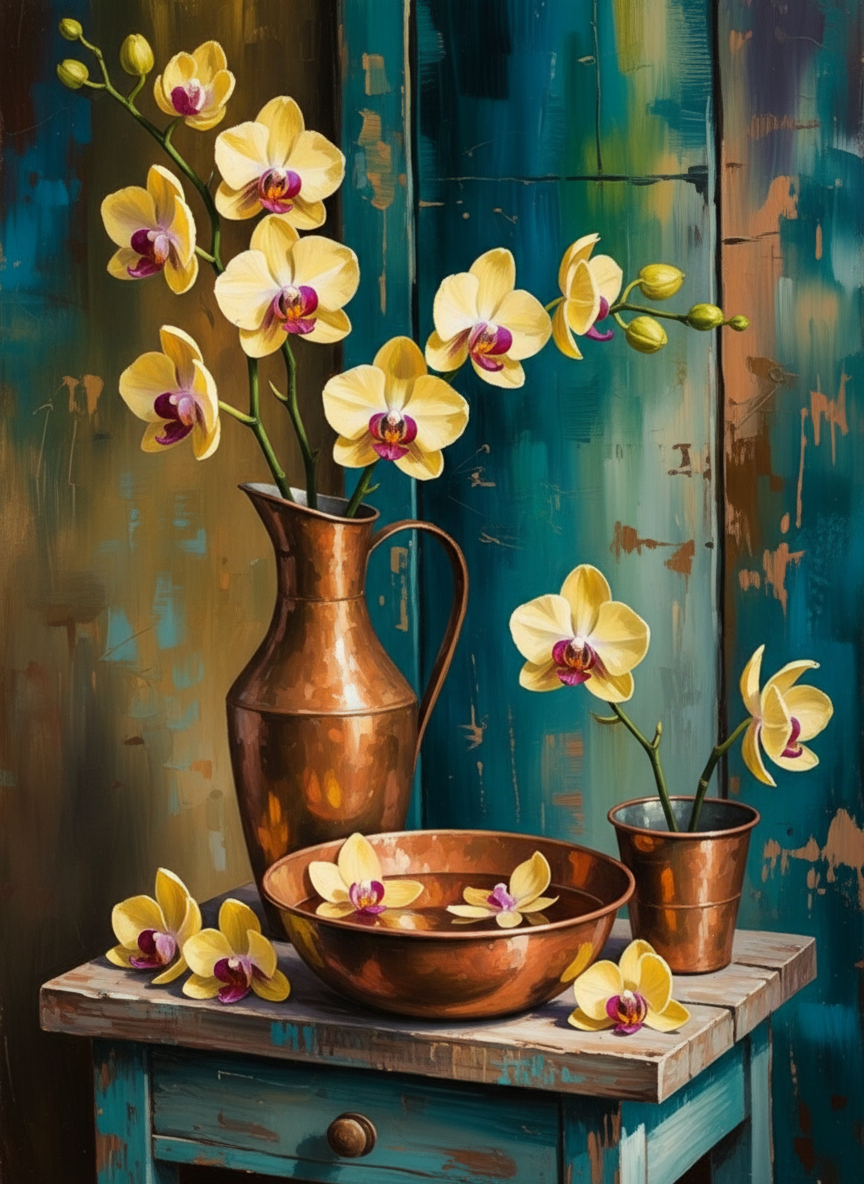 Golden Orchids and Copperware (Board Canvas)
