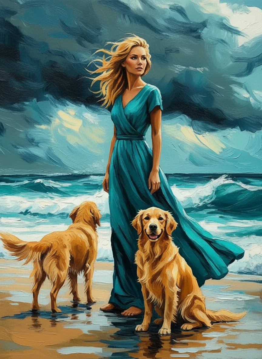 Woman & Dogs, Crashing Waves (Diamond Painting) Diamond Painting kit