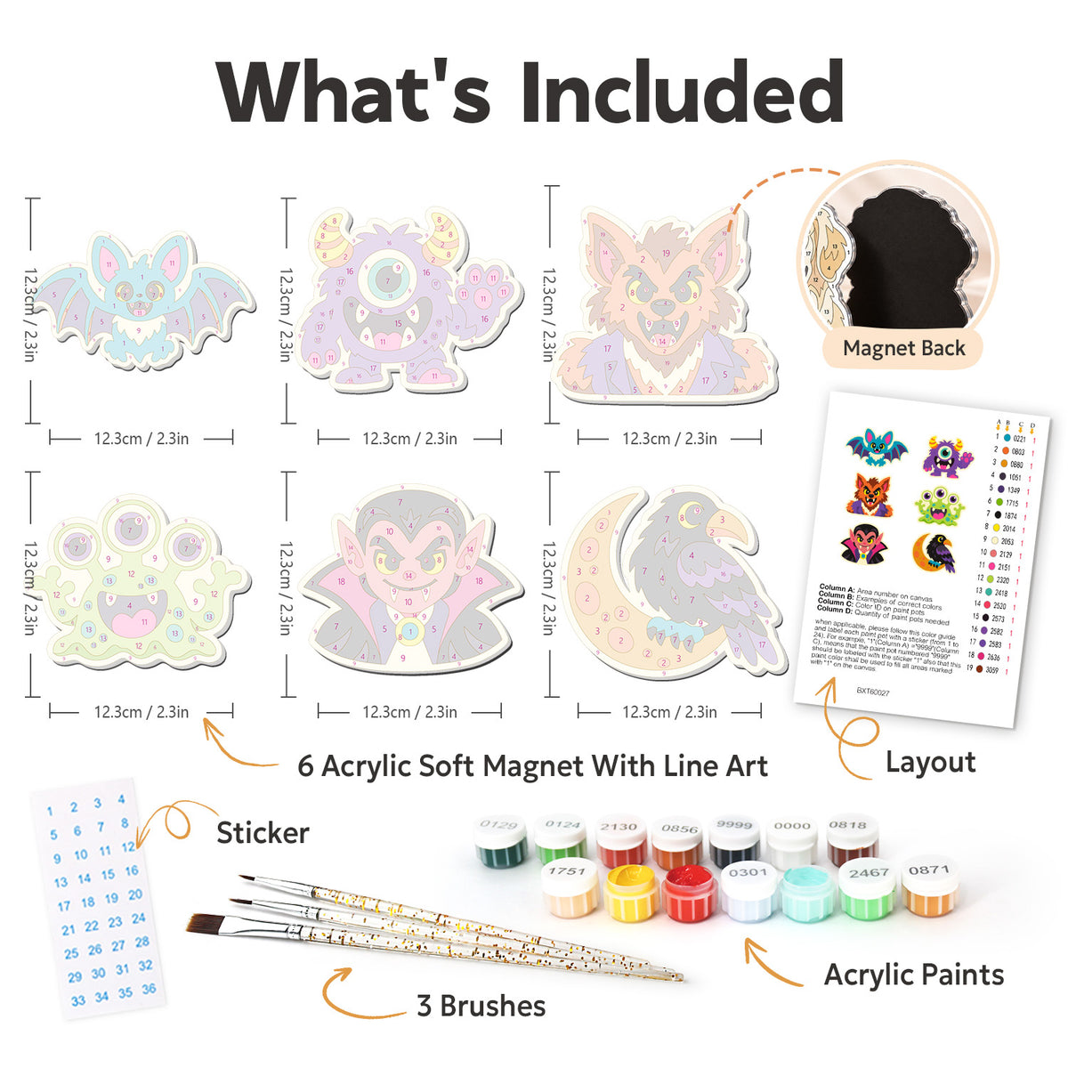 Vampire and Werewolf Night Crew fridge magnets – what's in the kit: the 6 soft magnets, numbered paints, brushes, layout sheet and stickers