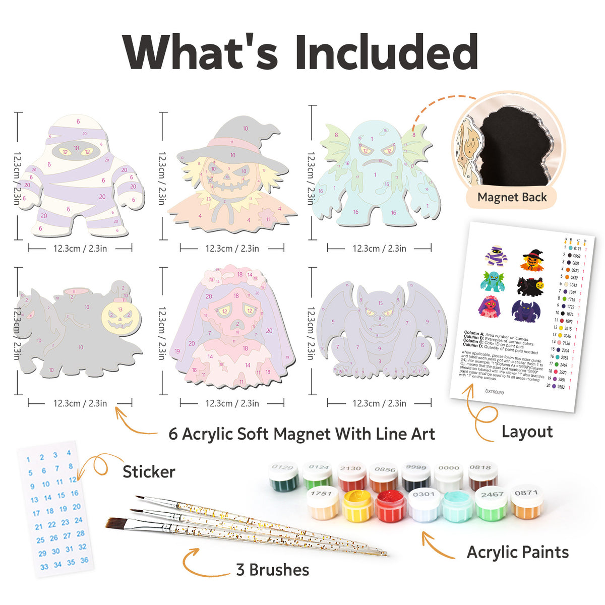 Headless Horseman and Mummy fridge magnets – what's in the kit: the 6 soft magnets, numbered paints, brushes, layout sheet and stickers