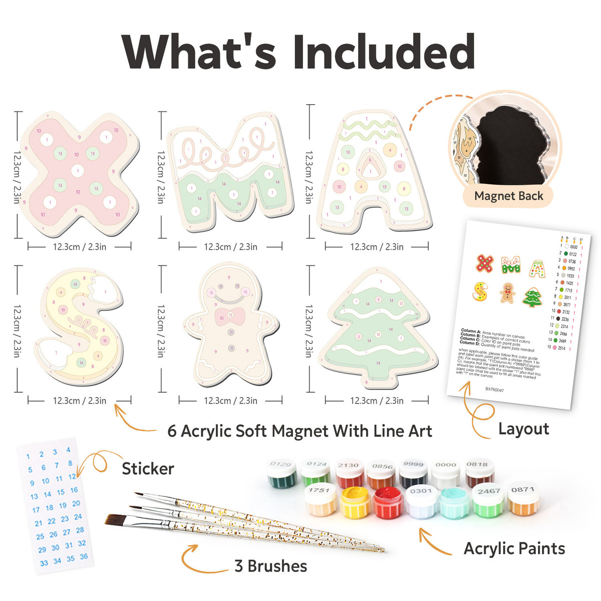 Xmas Letter Sugar Cookies fridge magnets – what's in the kit: the 6 soft magnets, numbered paints, brushes, layout sheet and stickers